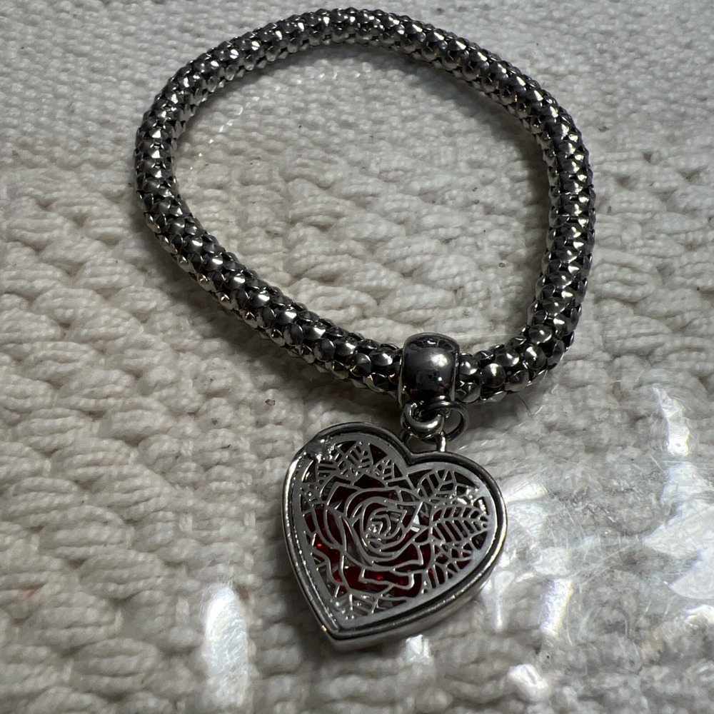 Silver rose, charm, bracelet Popcorn Chain Heart Flower rhinestone Silver Plated - Picture 6 of 10